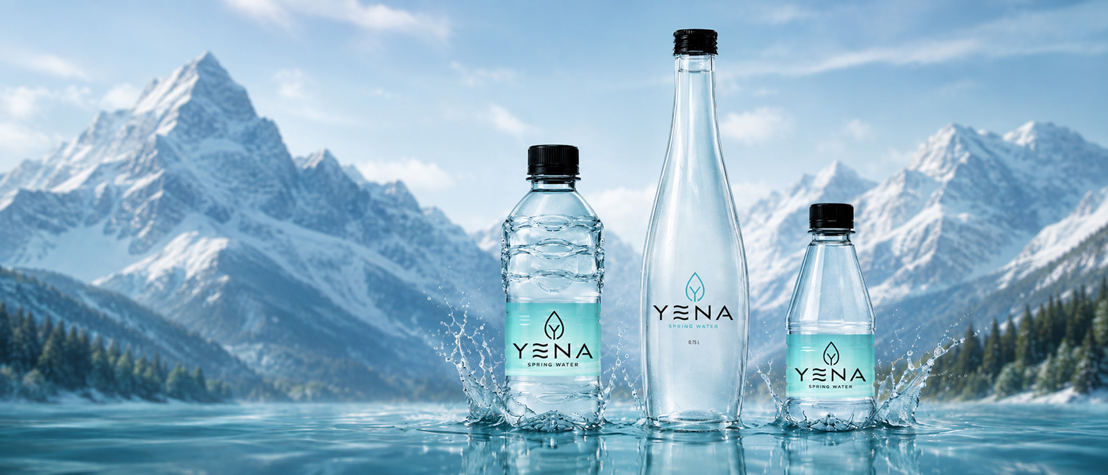 YENA PET and glass water bottles in an alpine landscape