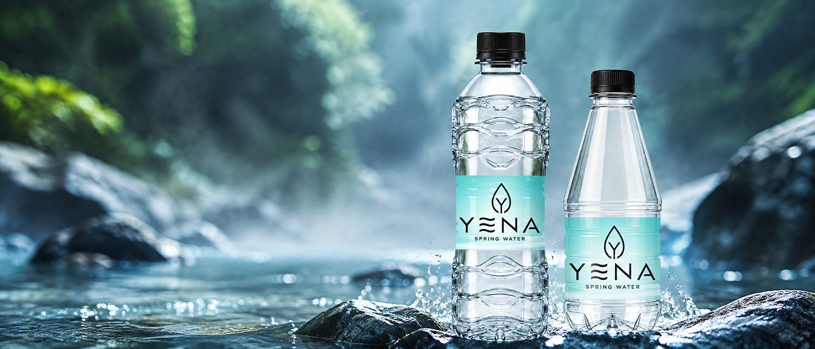 YENA 0.33L and 0.5L PET water bottles by a mountain stream